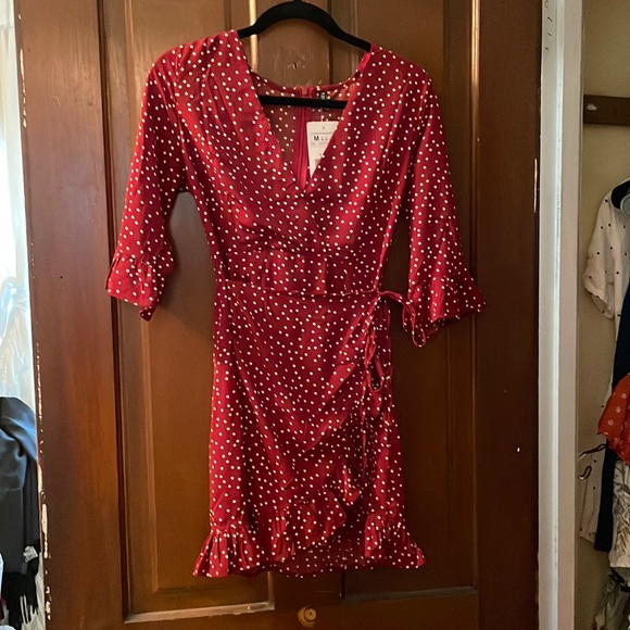 Deep Red Polka Dot Faux Wrap Dress - Picture 1 of 8